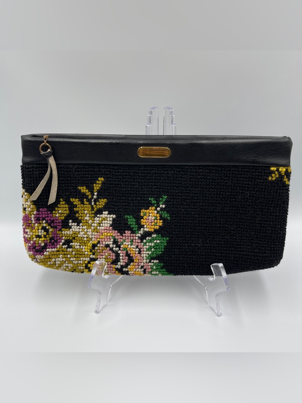 Carpet clutch purse wool handbag romantic floral black pink vintage Midcentury